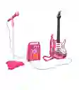 Guitarra Eléctrica + Amplificador + Micrófono Con Soporte De Color Rosa