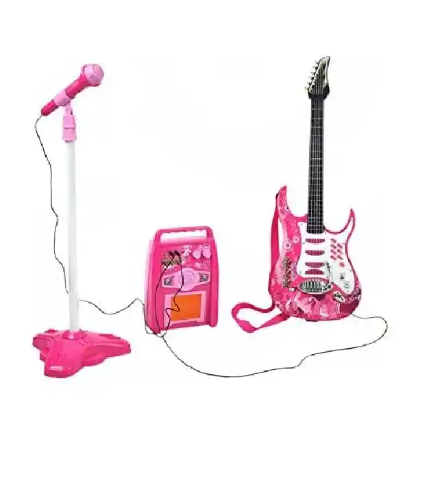 Guitarra Eléctrica + Amplificador + Micrófono Con Soporte De Color Rosa