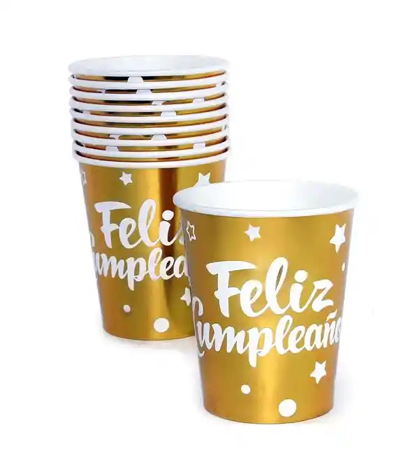 Combo Plato + Vaso Desechable Feliz Cumpleaños Dorado X10