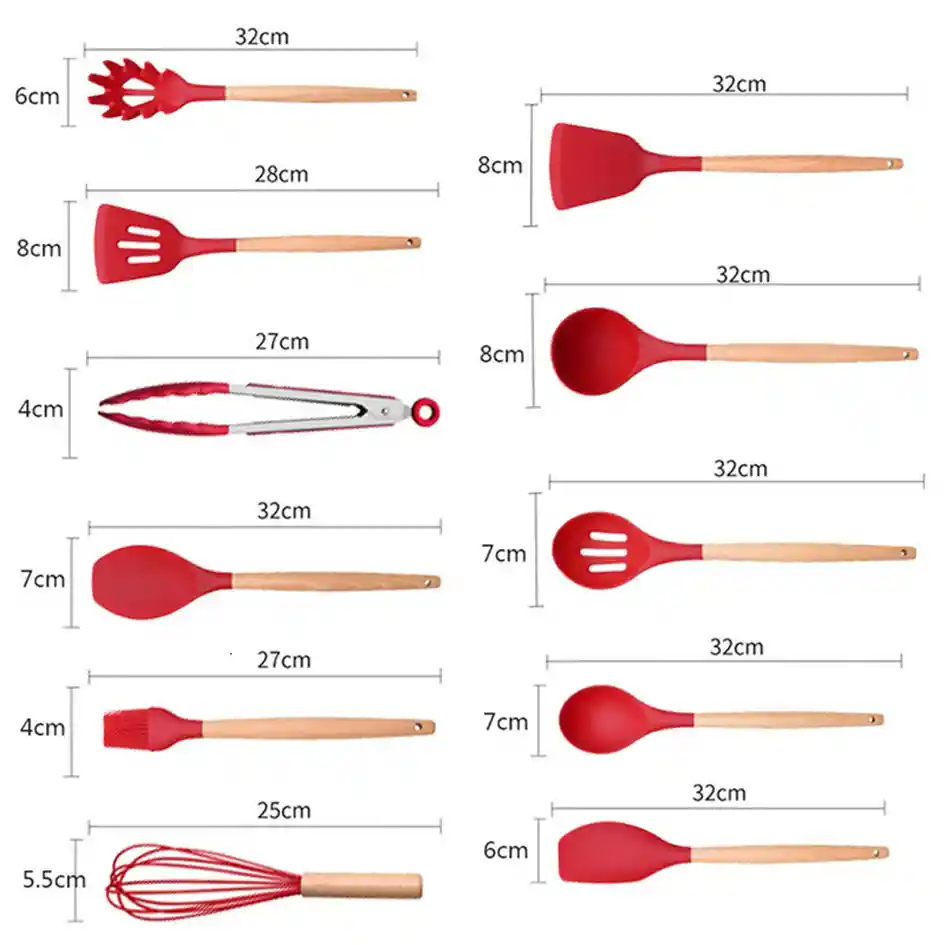 Set 12 Utensilios De Cocina Silicona Resistente Calor Rojo