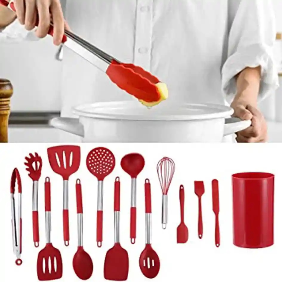 Set 12 Utensilios De Cocina Silicona Resistente Calor Rojo