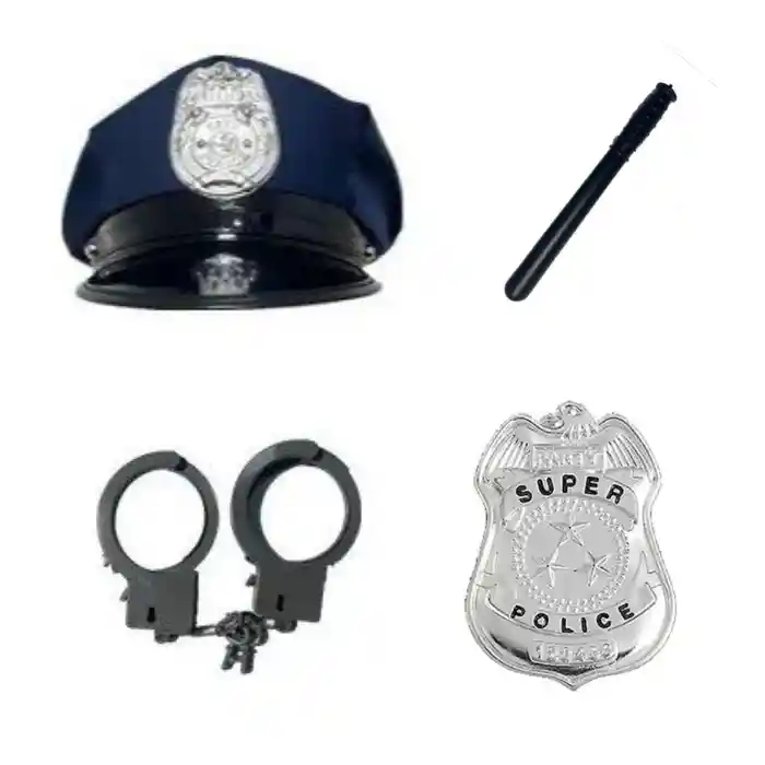 Accesorios Disfraz De Policia (gorro, Placa, Garrote, Esposas)