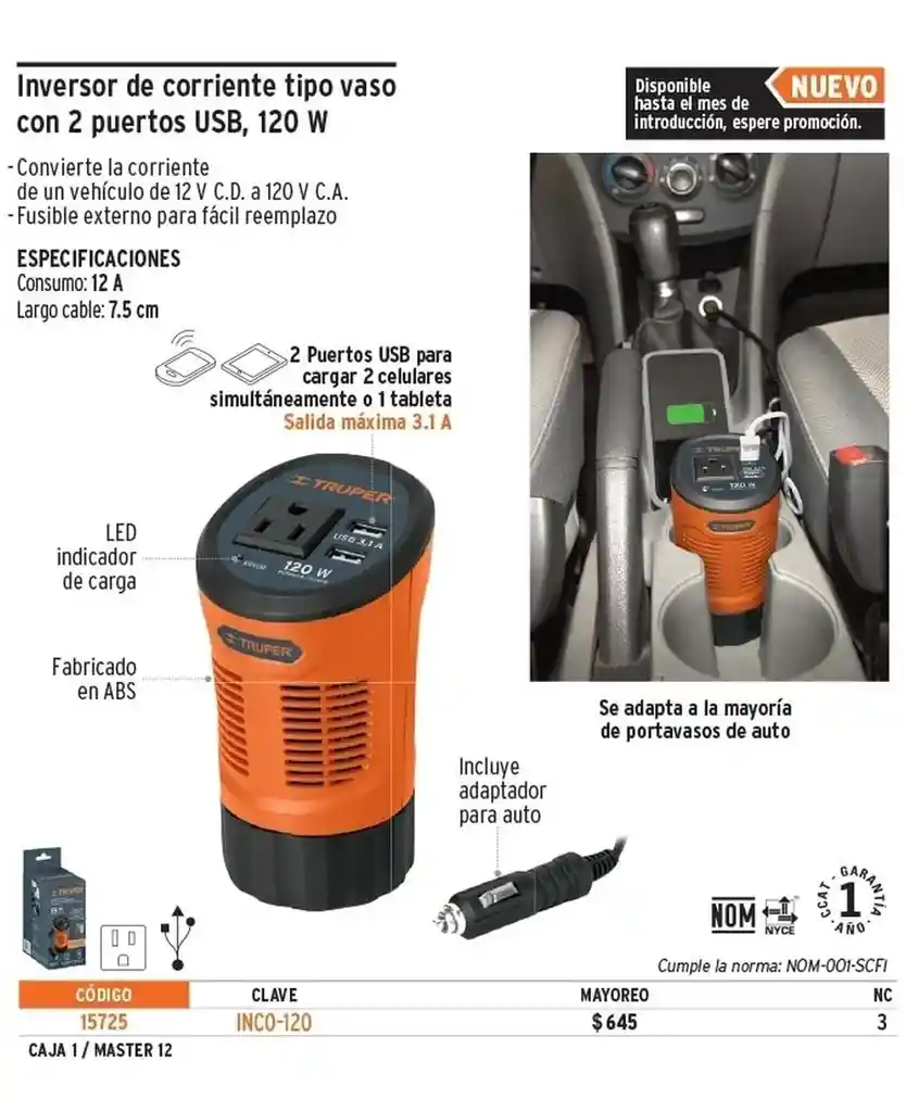 Inversor De Corriente De 12v A 120v Para Carro