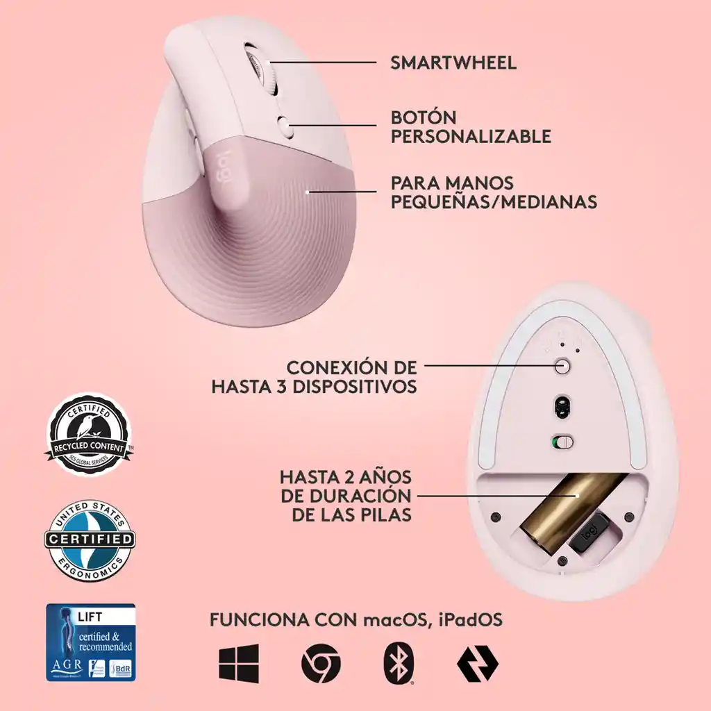 Mouse Ergonómico Avanzado Logitech Lift Vertical / Rosado