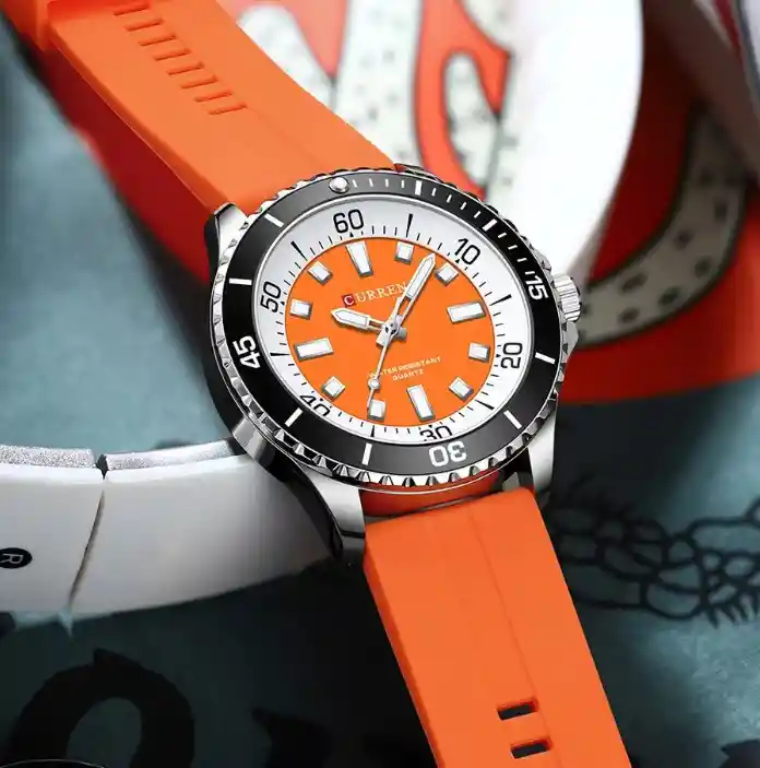 Reloj Pulso Goma Analógico Curren Original Para Hombre Naranja