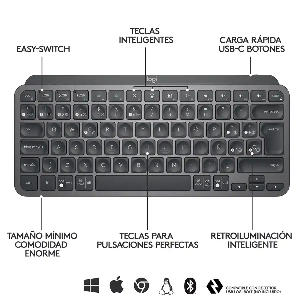 Teclado Avanzado Logitech Mx Keys Mini Iluminado Recargable Grafito