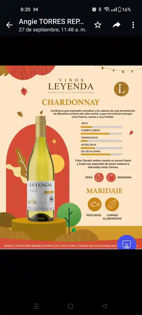 Vino Chardonay Leyenda Chile