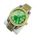 Reloj De Pulso En Acero Con Calendario Y Piedras Brillantes Verde