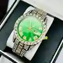 Reloj De Pulso En Acero Con Calendario Y Piedras Brillantes Verde