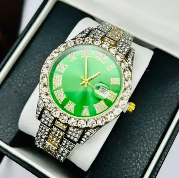 Reloj De Pulso En Acero Con Calendario Y Piedras Brillantes Verde