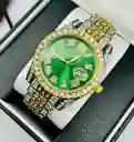 Reloj De Pulso En Acero Con Calendario Y Piedras Brillantes Verde