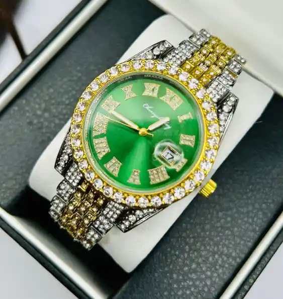 Reloj De Pulso En Acero Con Calendario Y Piedras Brillantes Verde