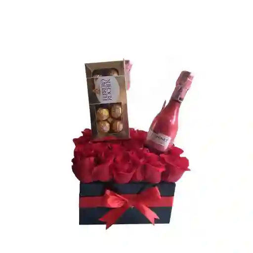 Rosas En Caja Con Chocolates Ferrero Y Vino Jp