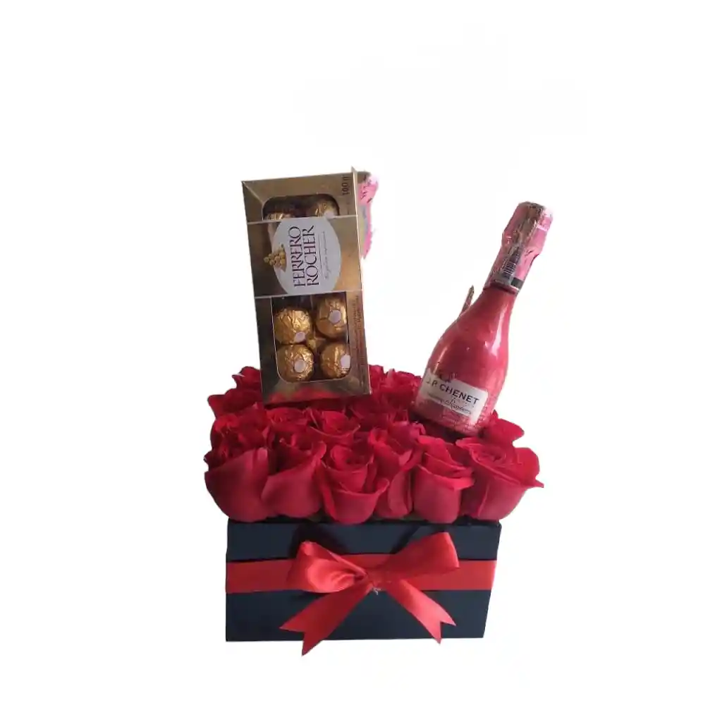 Rosas En Caja Con Chocolates Ferrero Y Vino Jp