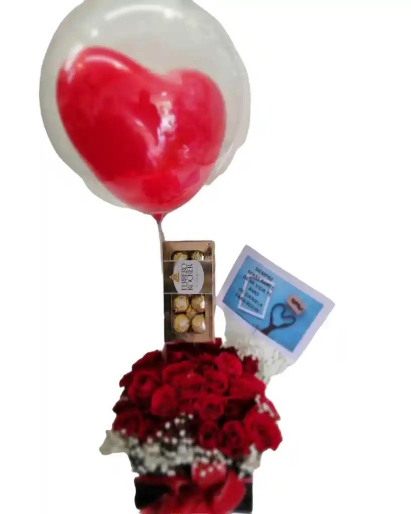 Rosas En Caja Con Chocolates Ferrero Y Globo: