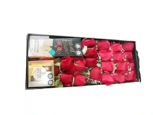 Rosas Rojas En Caja Larga Con Chocolatina Mont Blanc Y Chocolates Ferrero