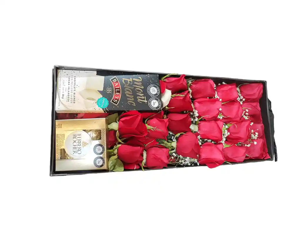 Rosas Rojas En Caja Larga Con Chocolatina Mont Blanc Y Chocolates Ferrero