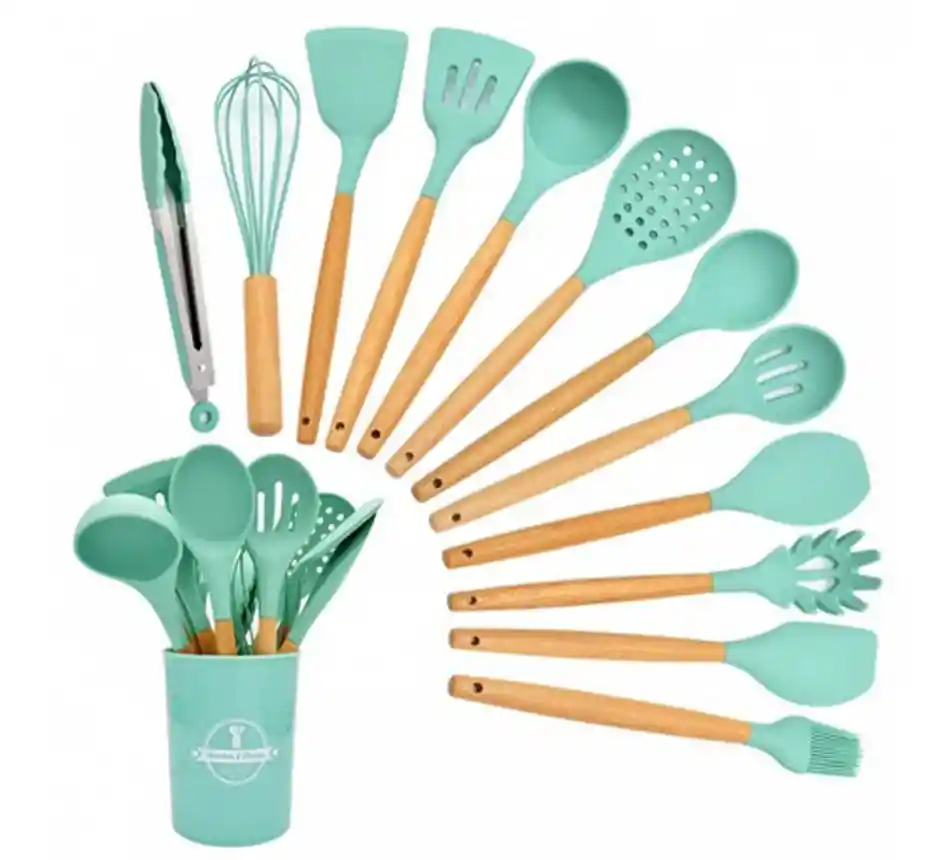 Set 12 Utensilios De Cocina Silicona Resistente Calor Verde