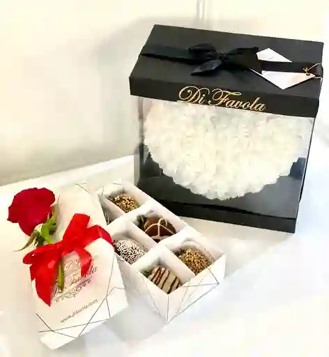 Corazon De Rosas Blanco + Caja X 6 Fresas Con Chocolate.