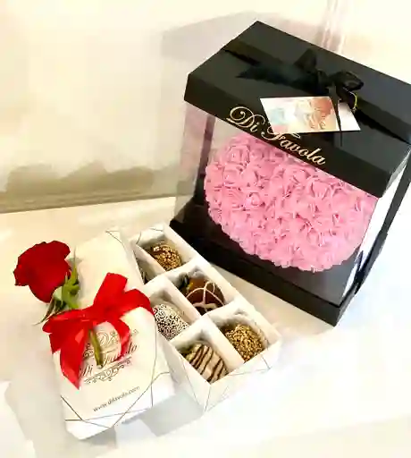Corazon De Rosas Rosado + Caja X 6 Fresas Con Chocolate.