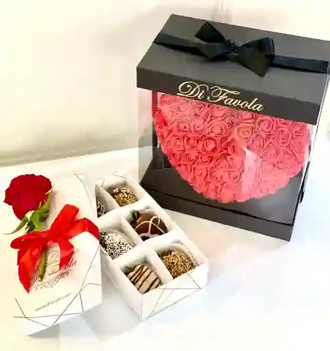 Corazon De Rosas Rojo + Caja X 6 Fresas Con Chocolate.