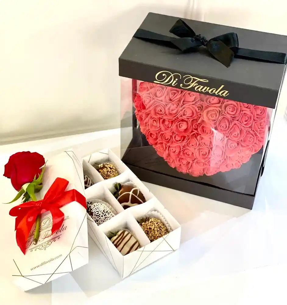 Corazon De Rosas Rojo + Caja X 6 Fresas Con Chocolate.