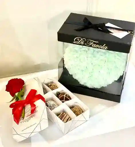 Corazon De Rosas Verde Menta + Caja X 6 Fresas Con Chocolate.