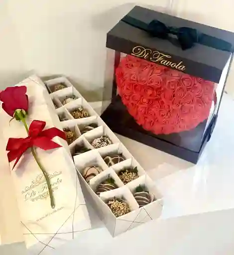 Corazon De Rosas Rojo + Caja X 16 Fresas Con Chocolate.