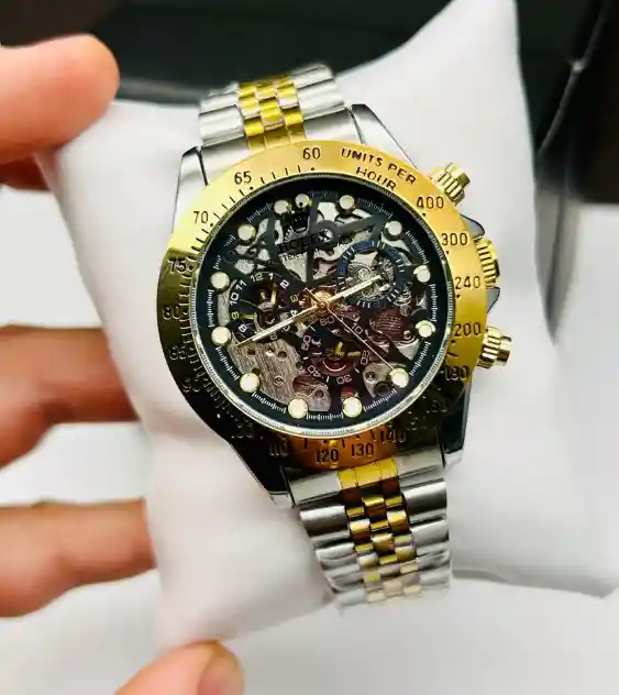 Reloj De Pulso Acero Lujo Para Hombre Calidad Premium Plateado Franja Dorado