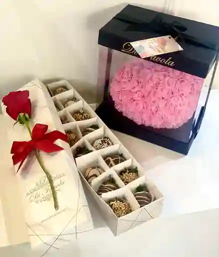 Corazon De Rosas Rosado + Caja X 16 Fresas Con Chocolate.