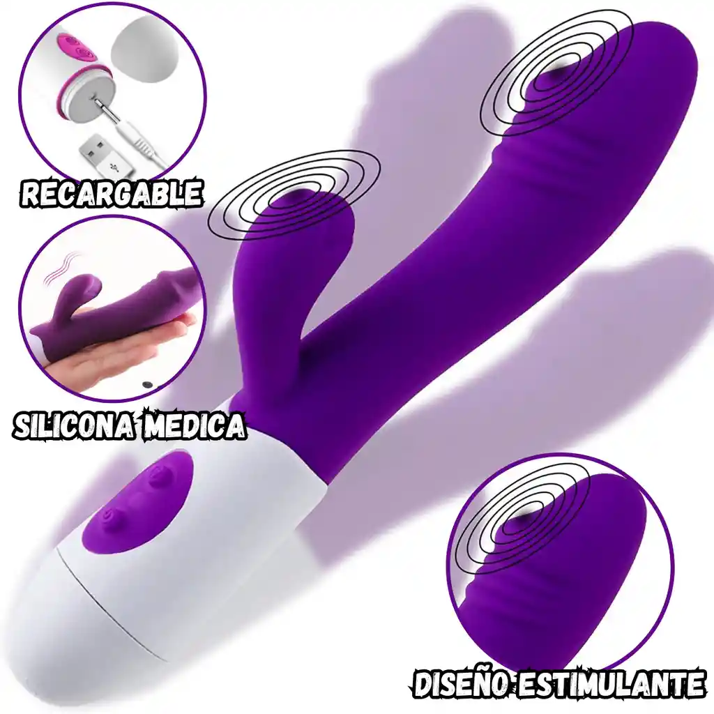 Dildo Vibrador Puntog Recargable Bunny Morado, Vibrador Doble