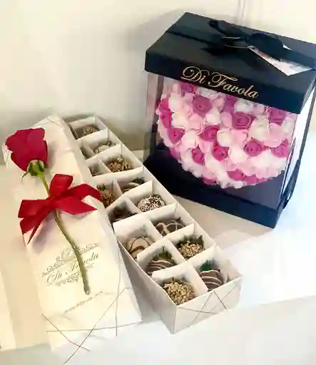 Corazon De Rosas Tricolor Rosado + Caja X 16 Fresas Con Chocolate.