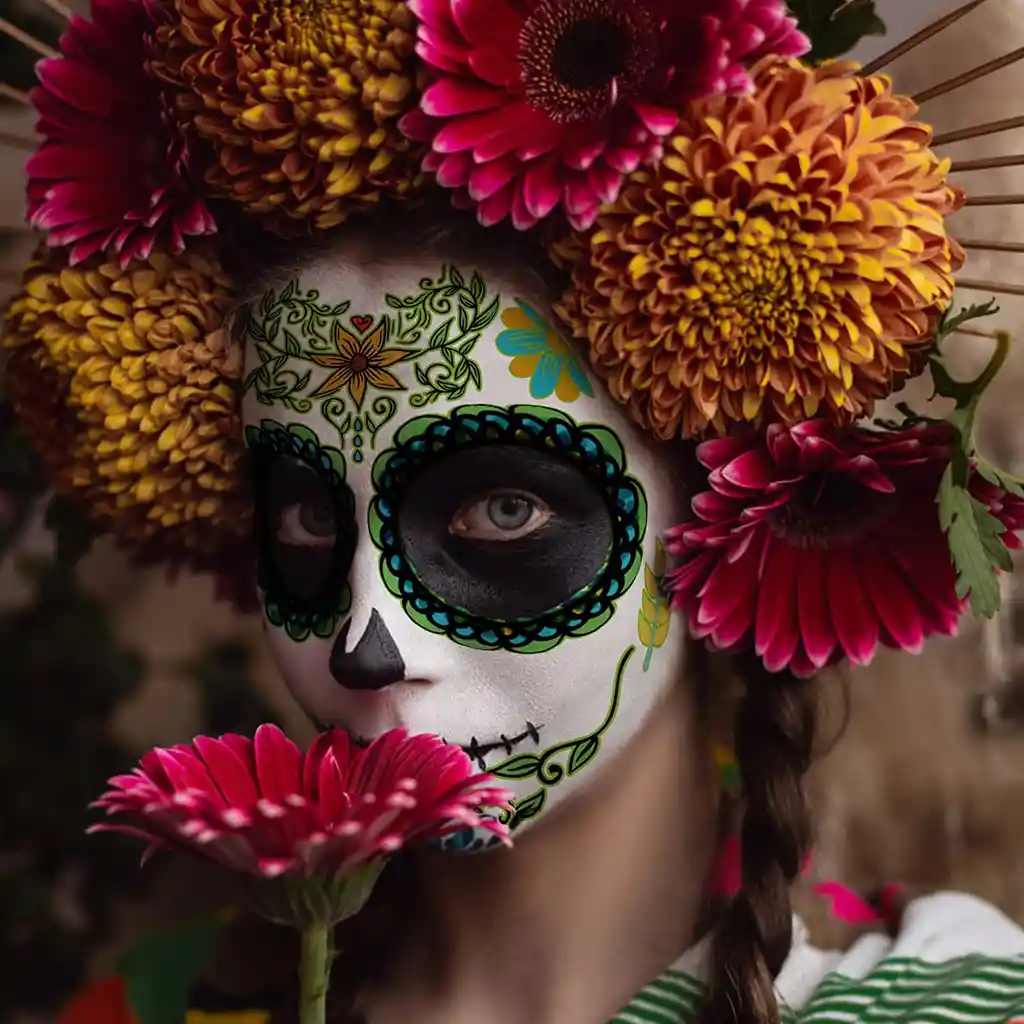 Tatuaje Temporal Halloween Catrina Mexicana Flores