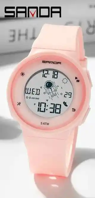 Reloj Pulso Digital Sanda Para Mujer Astronauta Calendario Rosado