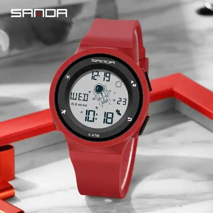 Reloj Pulso Digital Sanda Para Mujer Astronauta Calendario Rojo