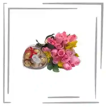 Arreglo Floral, 24 Rosas Rosadas Y Chocolates X5