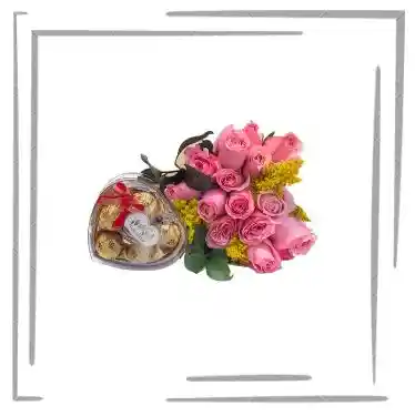 Arreglo Floral, 24 Rosas Rosadas Y Chocolates X5