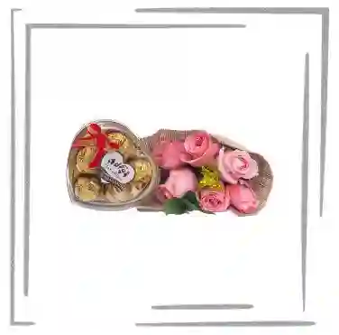 Arreglo Floral , 6 Rosas Rosadas Y Chocolates X5