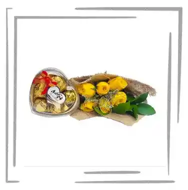 Arreglo Floral, 6 Rosas Amarillas Y Chocolates X5