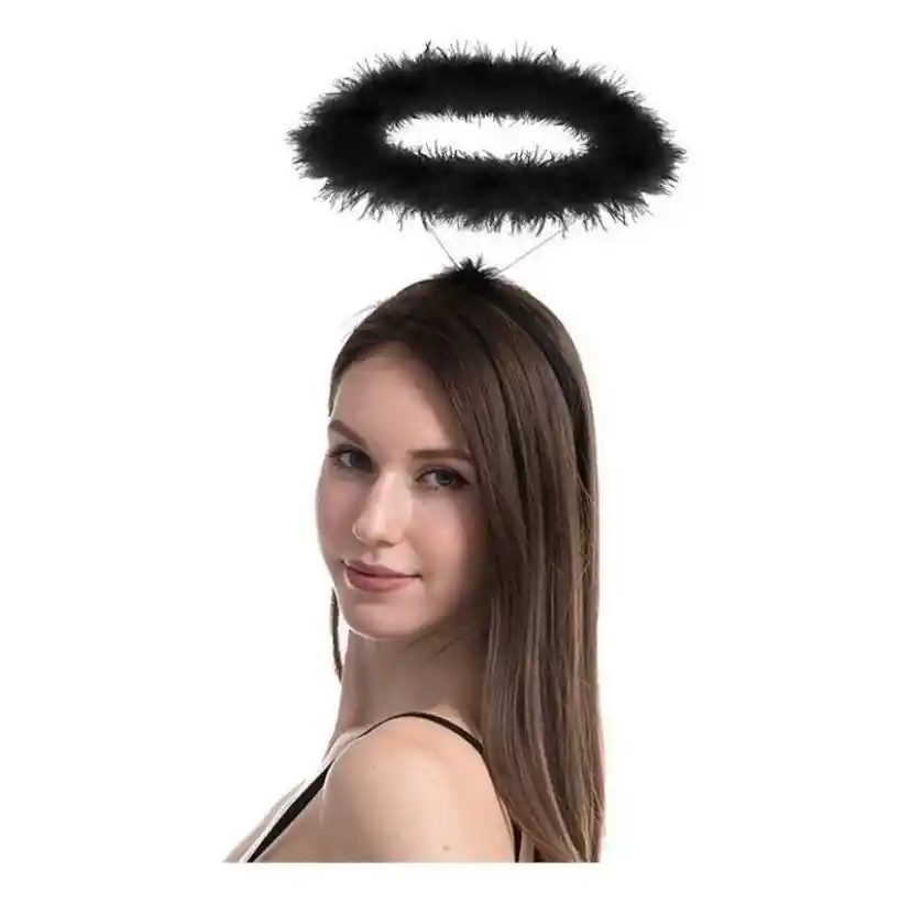 Diadema Angel Plumas Negro Disfraz Halloween Aureola