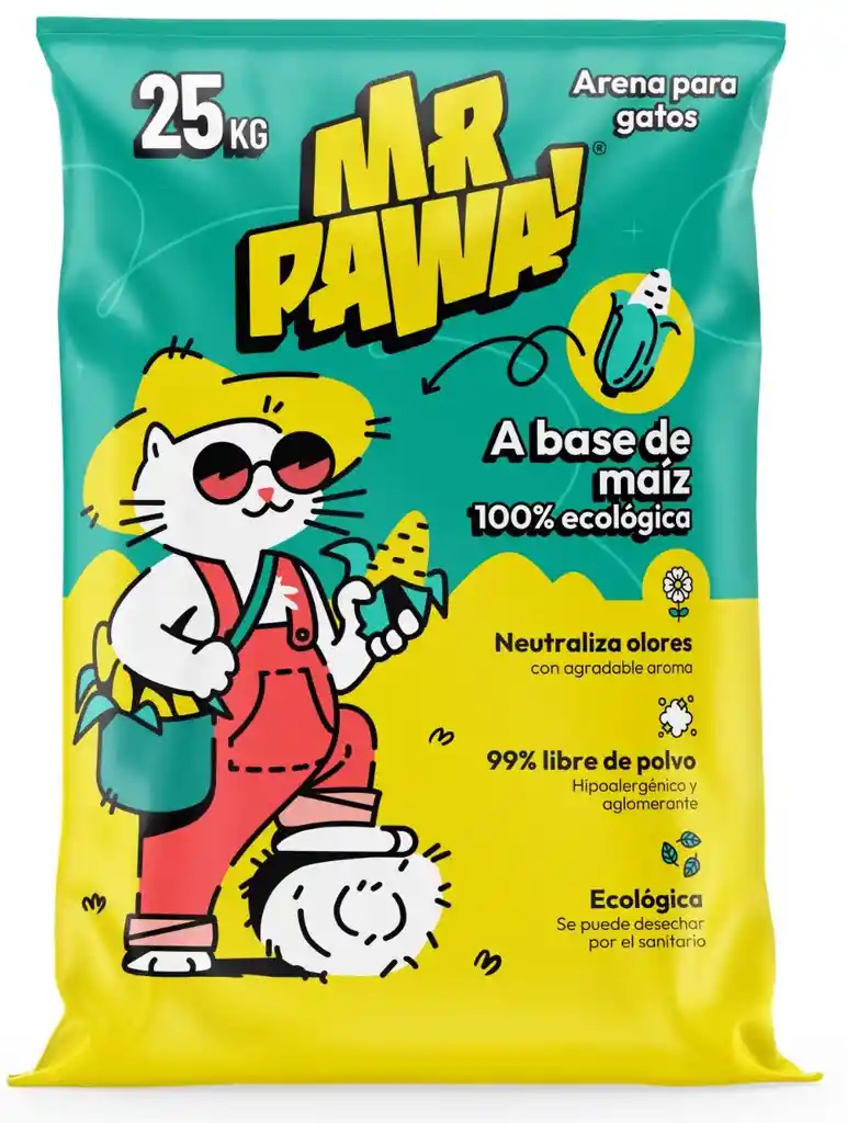 Arena Sanitaria Para Gatos Ecológica A Base De Maiz 25 Kg Mr Pawa!