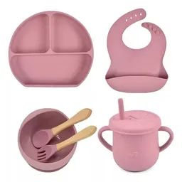 Set De Vajilla Silicona Para Bebés Platos Babero Y Cubiertos