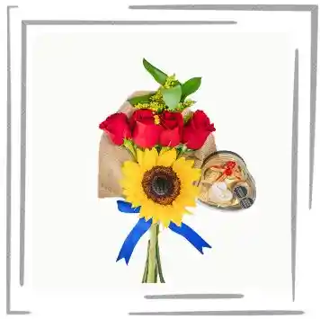 Arreglo Floral, Combo Girasol, Rosas Y Chocolates X5