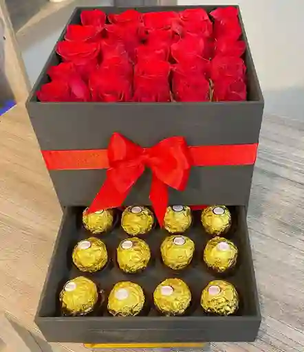 Flores Rojas En Caja Con Chocolates Ferrero 8und