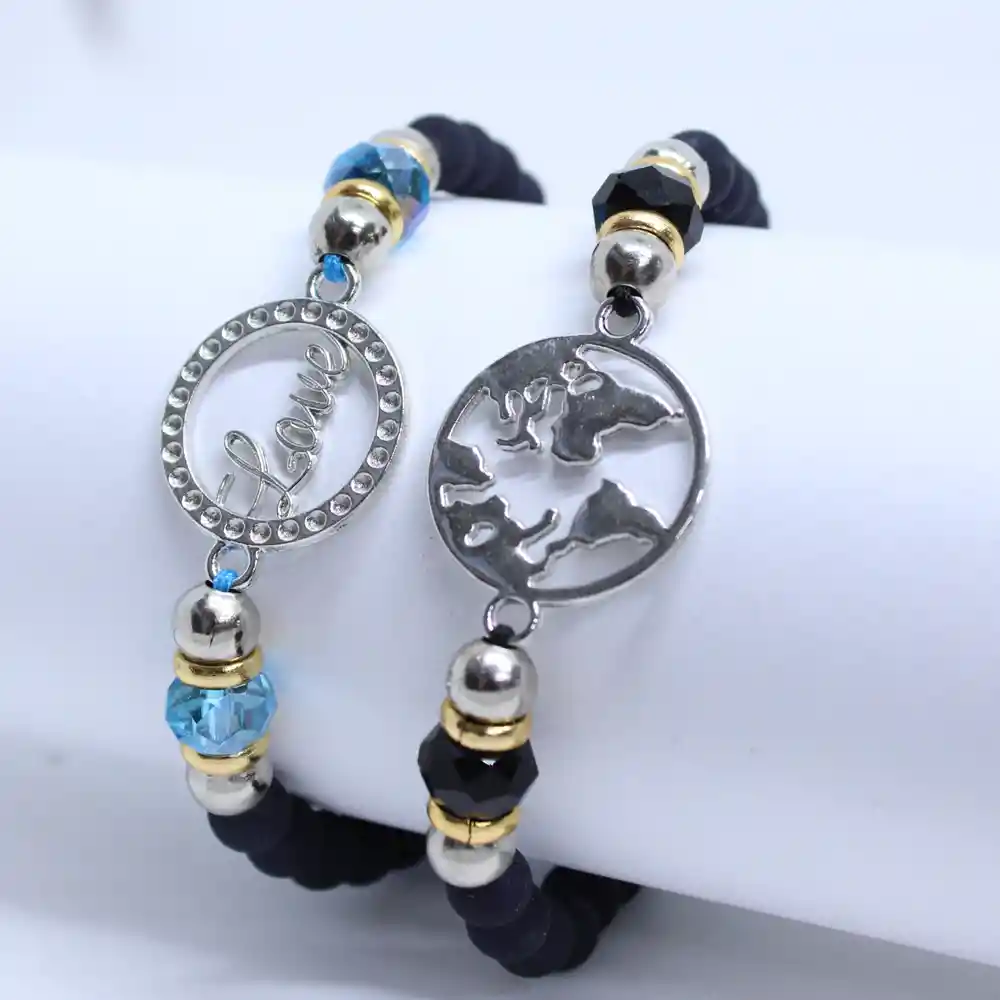 Pulsera Manilla Mundo Amor Para Parejas Con Estuche Ajustable