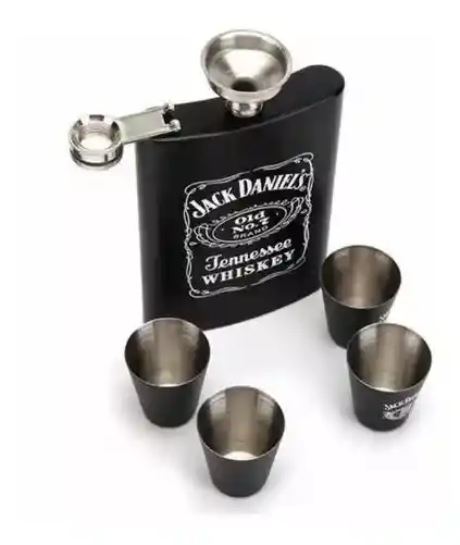 Licorera Whiskera Acero Inox 9oz + 4 Copas Estu Jack Daniels