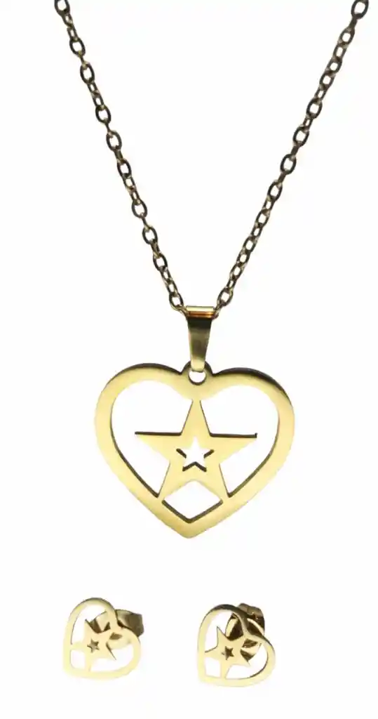 Juego De Aretes Y Collar En Acero Diseño Estrella Entre Corazón