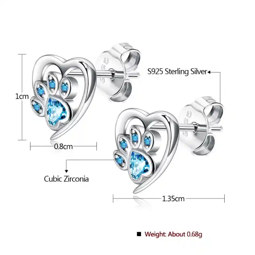 Aretes Corazón Huella Perro Gato Para Mujer En Plata 925