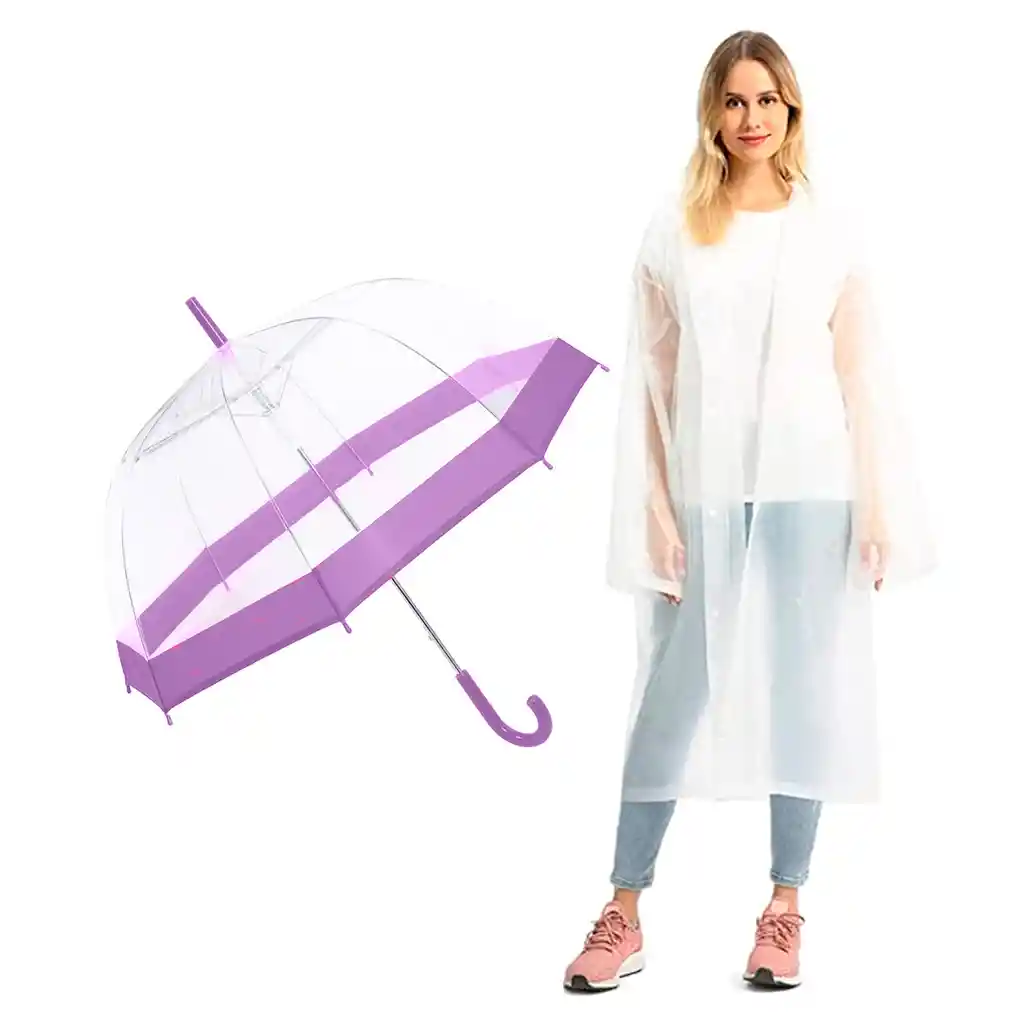 Kit Sombrilla Paraguas Transparente + Capa Carpa Lluvia Adulto Blanco Hongo