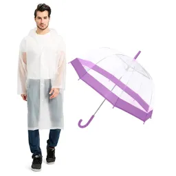 Kit Sombrilla Paraguas Transparente + Capa Carpa Lluvia Adulto Blanco Hongo Morado